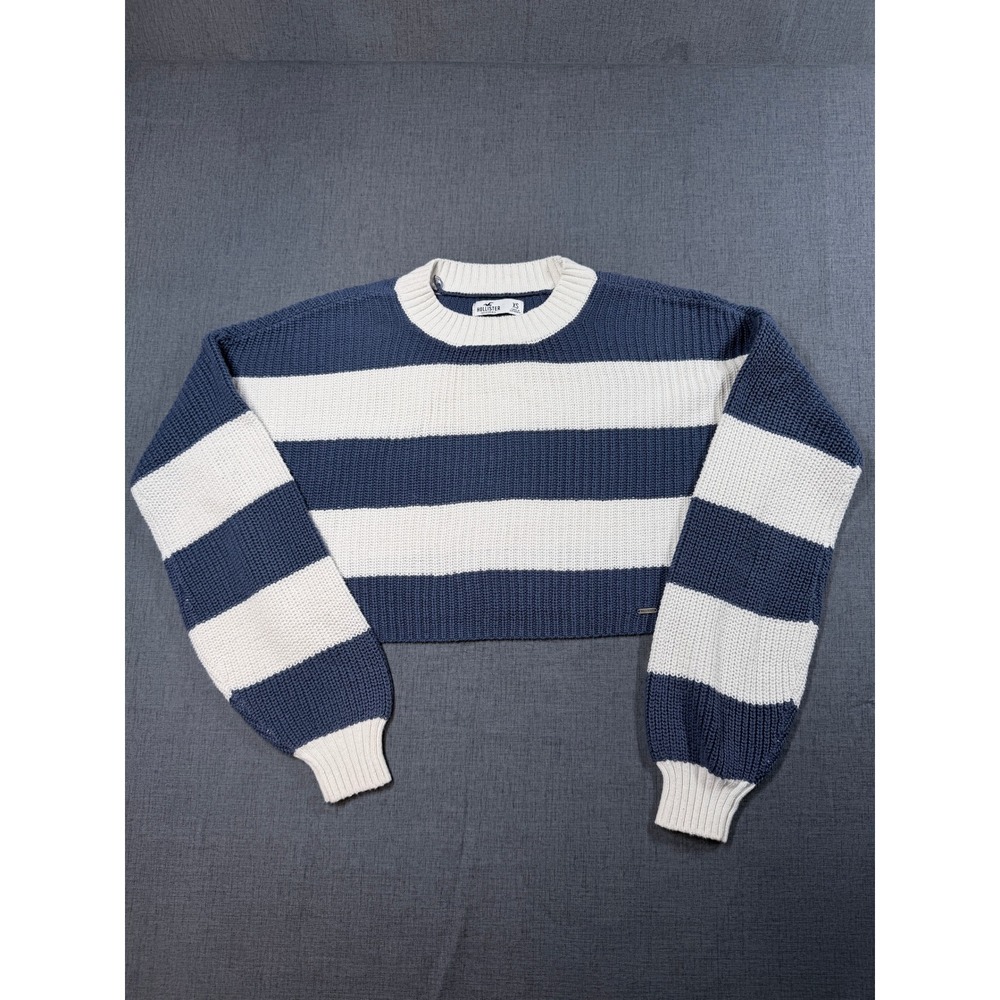 Hollister Womens XS Blue White Striped Cropped Ribbed Knit Sweater 350S2474